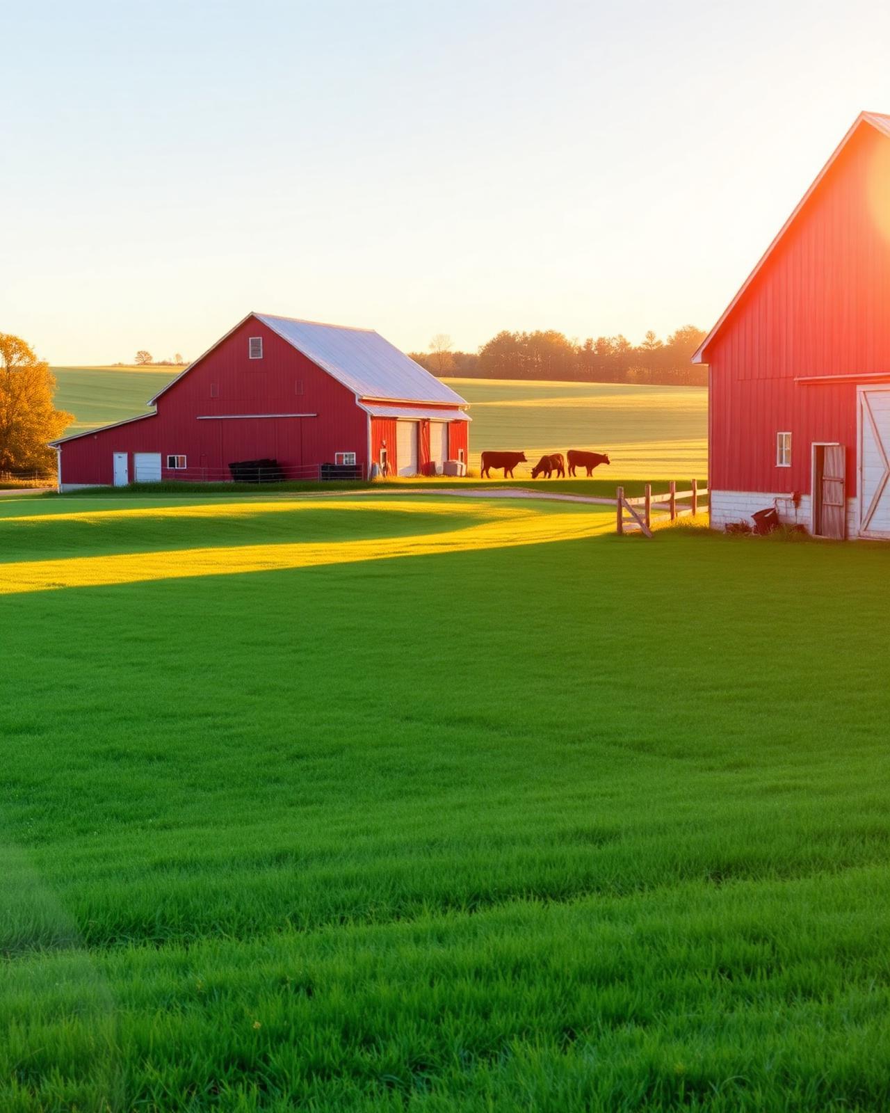 A local family farm at golden hour with red barn and grazing cattle